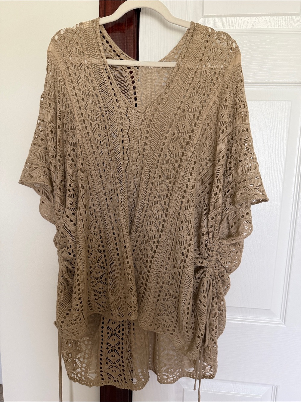 Women's Taupe Crochet Tunic Top with Drawstring Sides